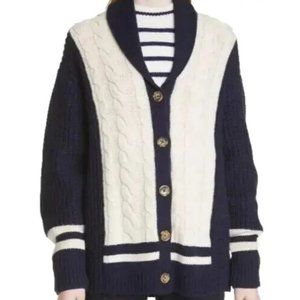 La Ligne Merino Wool Cardigan XL Blue White Colorblock Chunky Cable Knit NWOT